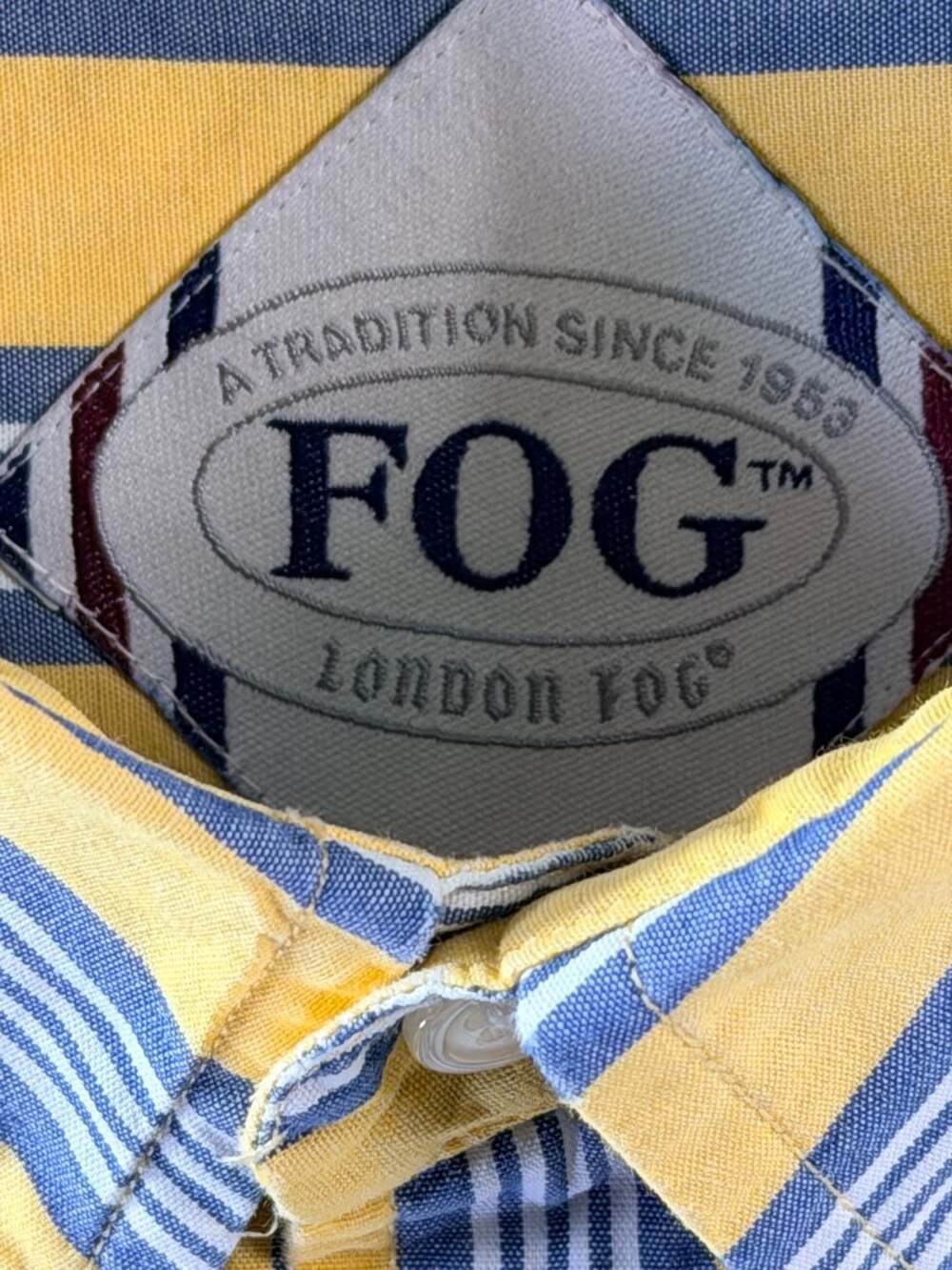 London Fog Short Sleeve Button-Down Shirt, Yellow and Blue Striped, 100% Cotton - Picture 5 of 6